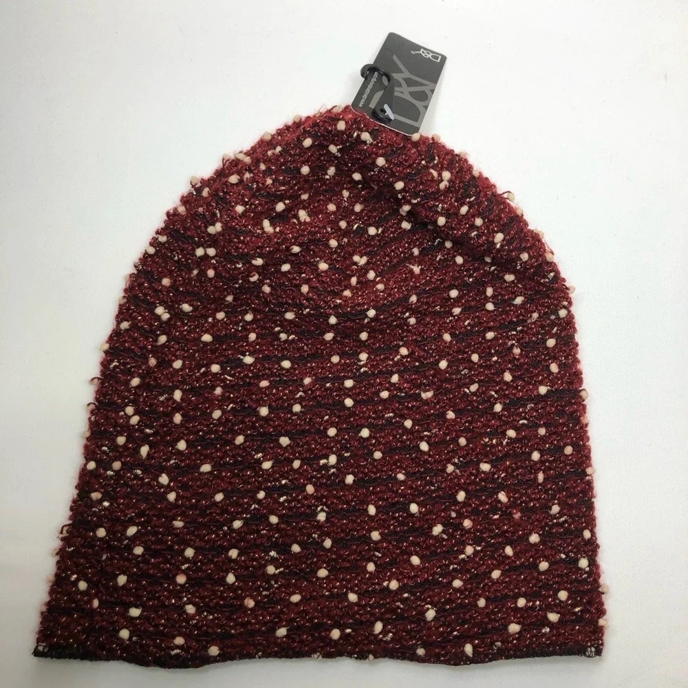 David & Young Knit Long Burgundy Black Ivory Tiny Pompons Stretchy Beanie Hat OS